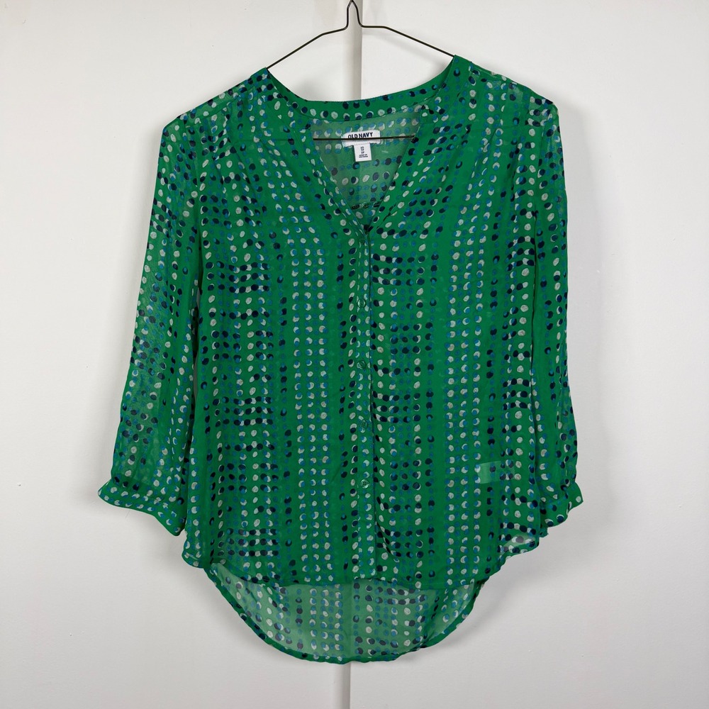 Old Navy Green Polka Dot Button Front V-Neck Blouse XS